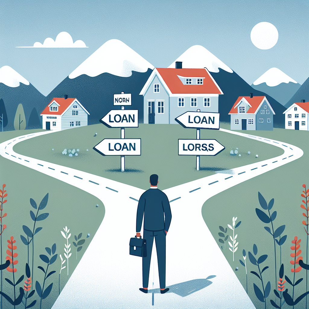 Illustrasjon av økonomisk veivalg: person står ved veiskille med skilt for ulike lånealternativer, moderne stil, norske omgivelser, klart fargepalett
