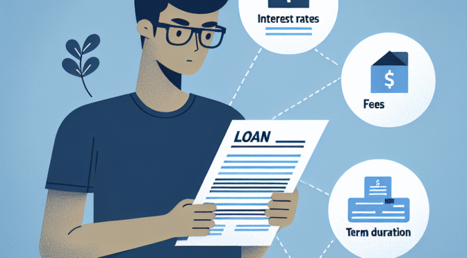 En moderne flat-design illustrasjon av en person som leser lånedokumenter, med forklarende ikoner for begreper (rente, gebyr, løpstid) på en nøytral blå bakgrunn