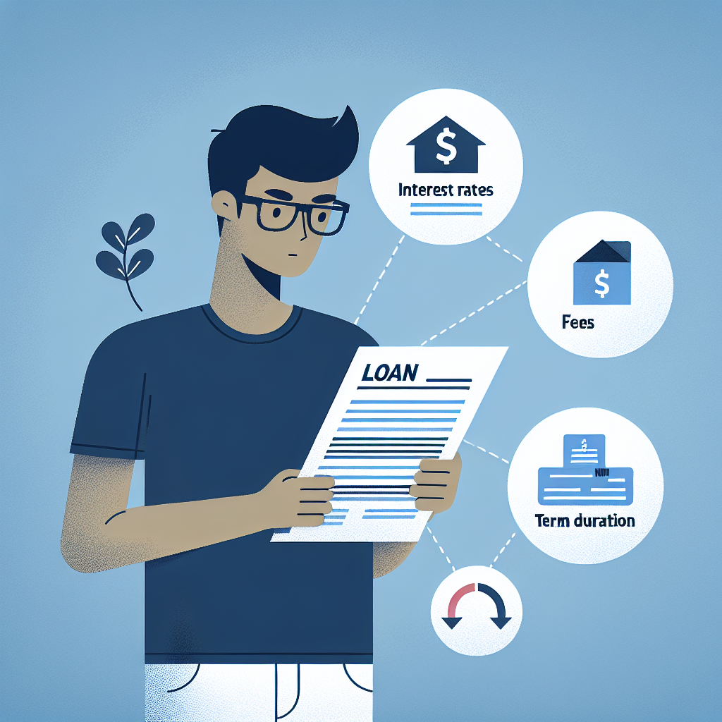 En moderne flat-design illustrasjon av en person som leser lånedokumenter, med forklarende ikoner for begreper (rente, gebyr, løpstid) på en nøytral blå bakgrunn