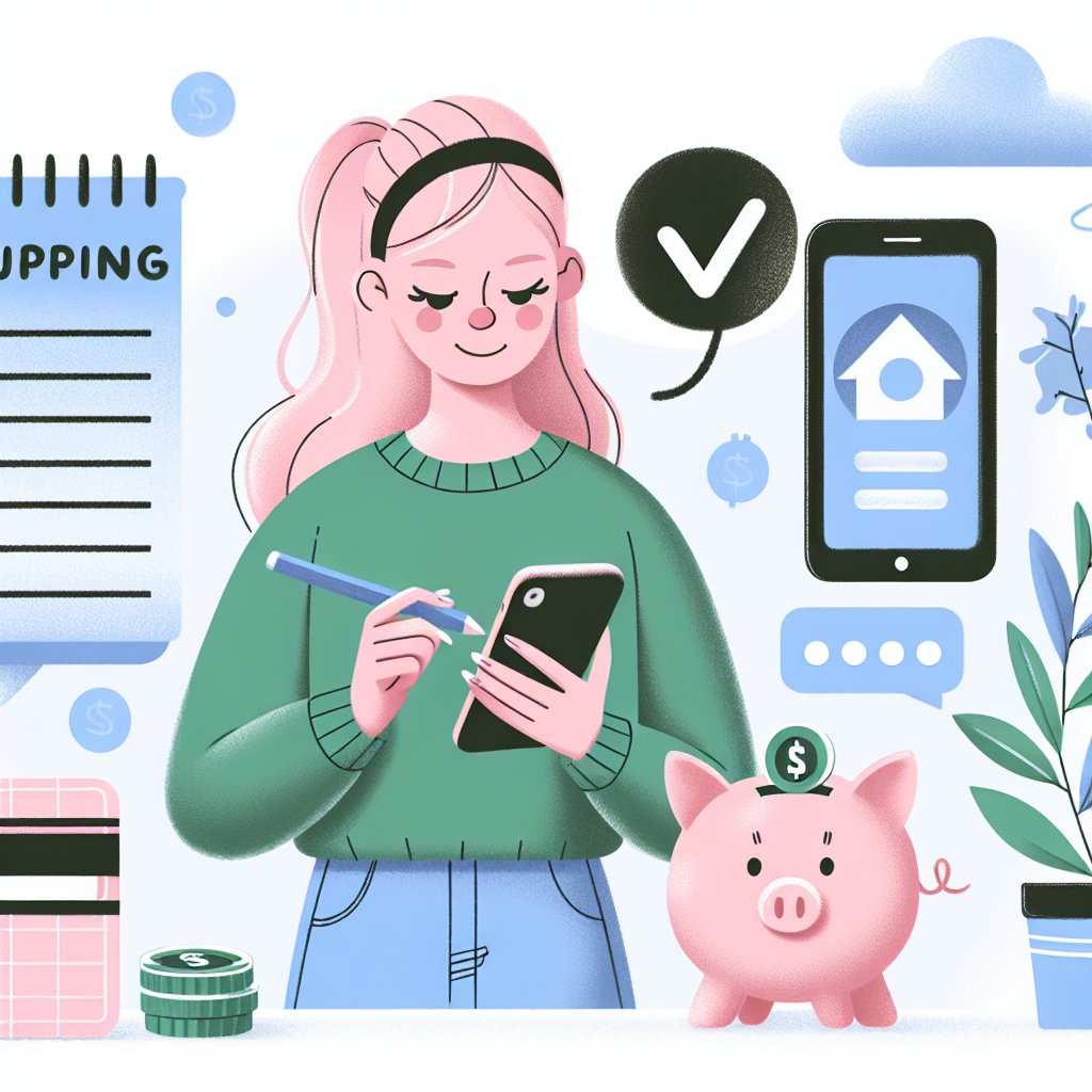 Illustrasjon av en ansvarlig shopper som planlegger kjøp: handleliste, sparegris, mobil med budsjettsapp og sparing istedenfor lån, moderne nordisk stil