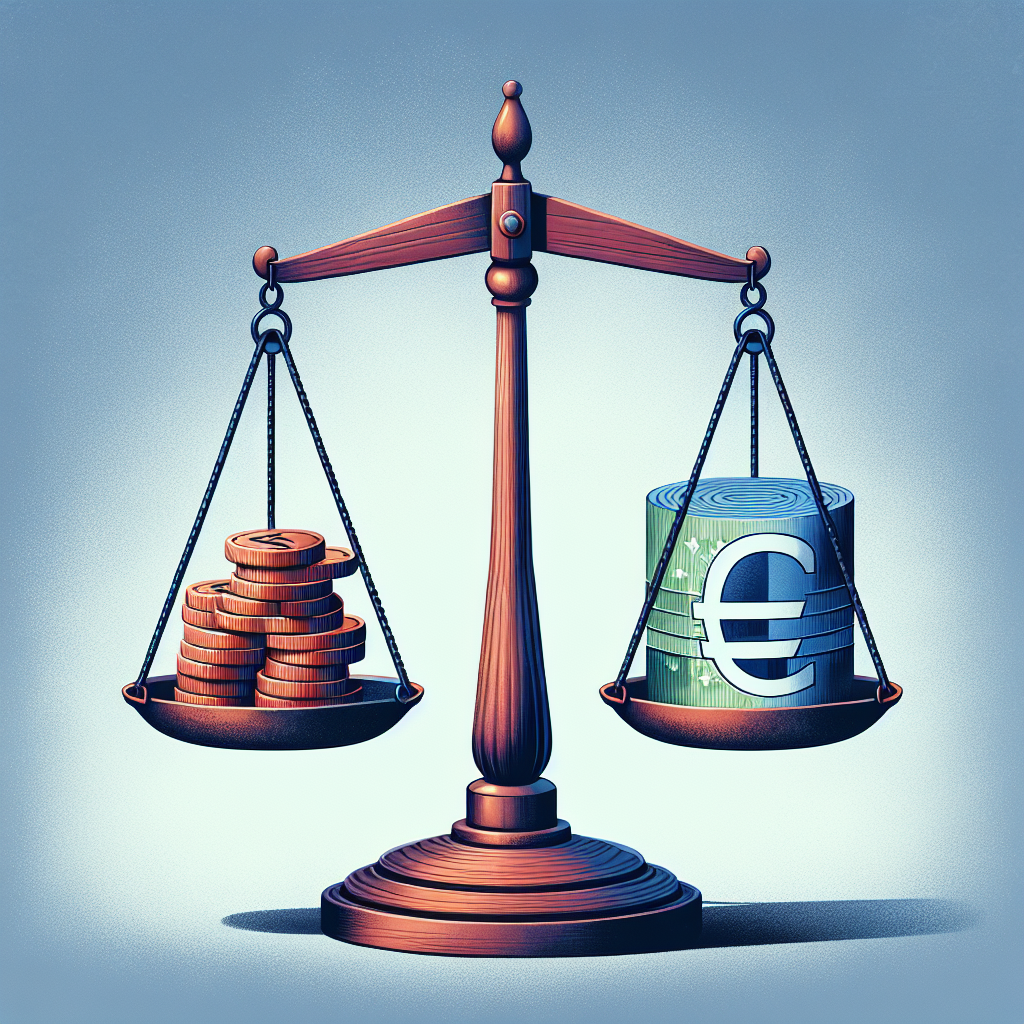 Illustrasjon av en skålvekt som veier aksjer mot gjeld, moderne finansstil, norske kroner, nøytrale farger